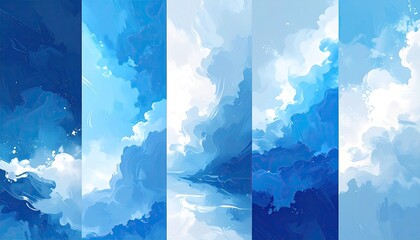 Four panels of stylized, painterly cloudscapes in shades of blue
