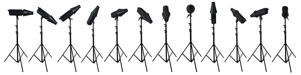 Collection set of professional studio lighting equipment isolated over a white background