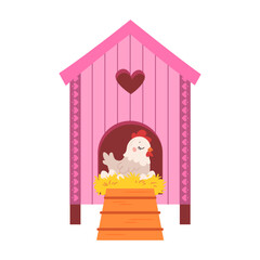 Wooden chicken coop. Vector birdhouse, cartoon flat vector. Cute chicken and straw nest with eggs