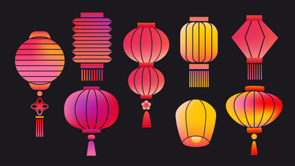 Set of Chinese lanterns. Traditional Asian paper lanterns. Set of minimalist lanterns, vector mesh gradient
