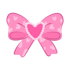 Vintage pink bow with pearls and heart decoration. Vector element in Coquette aesthetic. Coquettecore retro ribbon, cute bow isolated