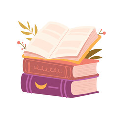Stack of books and open book with branches. Blooming books, paper sheets with flowers. Flat vector illustration isolated