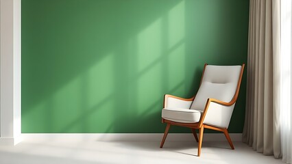 A modern living space with a green accent wall and a sleek chair.