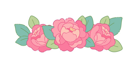 Floral vignette with peonies. Floral banner, cute kawaii style, Asian design. Vector isolated element