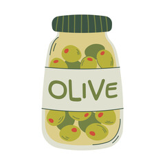 Glass jar with olives. Preserved olives, vegetarian food. flat vector illustration