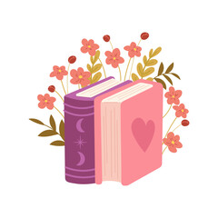 Love story and witch's book, flowering branches from the book. Flat vector illustration on white background