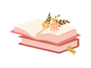 Stack of books and open book with flowers. Blooming books. Flat vector illustration isolated