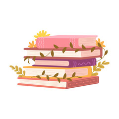 Stack of books with branches and green leaves. Blooming books, paper sheets with flowers. Flat vector illustration on white background