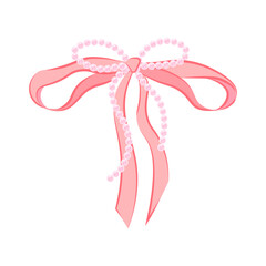 Vintage thin bow with pearls, pink tied ribbon. Vector element in Coquette aesthetic. Coquettecore cute isolated bow