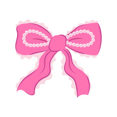 Vintage pink bow with pearl ribbon and ruffles. Vector element in Coquette aesthetic. Coquettecore bow