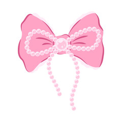 Vintage pink bow with ruffles and pearls. Vector element in Coquette aesthetic. Coquettecore retro ribbon, cute bow isolated