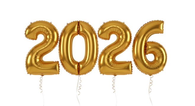 Photo of golden balloons forming the year 2026, isolated on transparent background