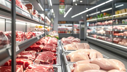 Wide variety of fresh raw meat and poultry displayed in the refrigerated section of a modern supermarket or butcher shop.