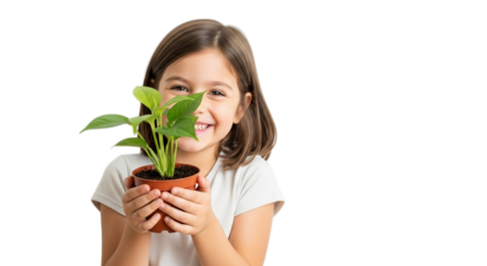 Photo of smiling young girl holding a small potted plant isolated on transparent background
