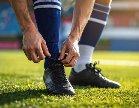 Close-up of a soccer player tying their shoes on a field