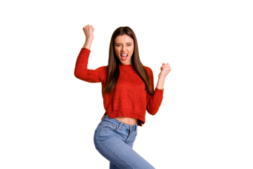 Photo of cheerful cute nice crazy girl shouting screaming roaring with victorious glory making fists isolated over vibrant color background