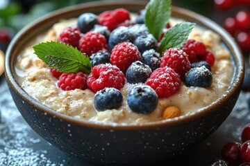 Bowl of oat topped with berries and mint.