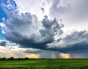 Dramatic storm clouds over a green field