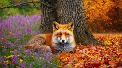 Emerging red fox holding alert posture and scanning forest for prey, with fallen orange leaves - Powered by Adobe