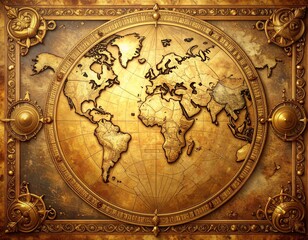 Naklejka premium Antique world map shows continents and oceans on aged golden surface with intricate details, evoking a sense of exploration and historical adventure.