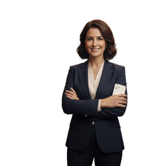 Businesswoman CEO with short hair standing smiling confidently and friendly on transparent background