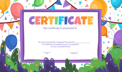 Colorful school and preschool diploma certificate for kids and children in kindergarten or primary grades with doodle elements, crayon scribbles, chalk on background. Vector cartoon flat illustration