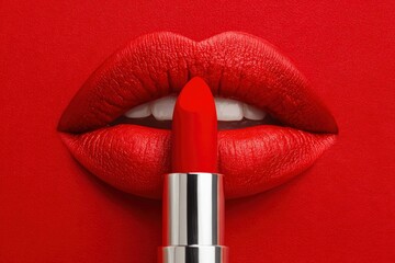 Obraz premium Red lips white teeth and a silvertubed red lipstick against a matching red backdrop