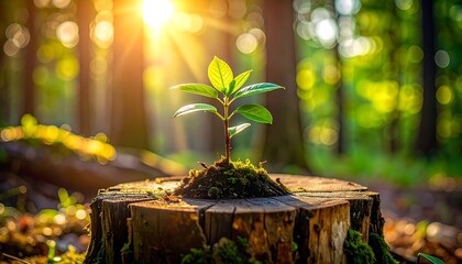 A young, vibrant seedling sprouts from a tree stump in a sun-drenched forest, symbolizing growth and renewal