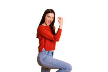 Photo of rude screaming impressive girl wearing jeans denim showing you her strength biceps isolated over vivid color background