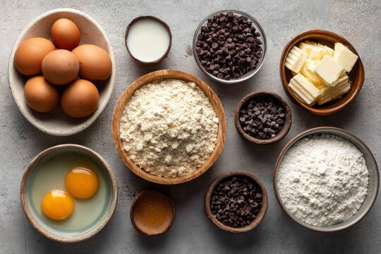 Baking ingredients eggs milk chocolate chips butter and flour presented in various bowls on a gray surface