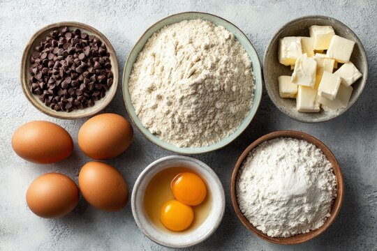 Overhead shot baking ingredients chocolate chips two types of flour butter eggs and two yolks in a bowl