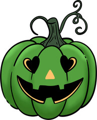 Green Jack o lantern with heart shaped eyes.