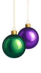 Two shiny green and purple Christmas ornaments hanging on golden strings against a clean white background, ready for holiday decoration.
