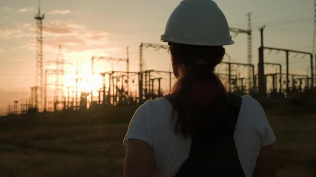 Electrical engineer in helmet walking to electrical high voltage transformer substation at sunset