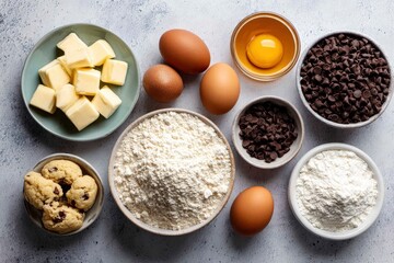 Baking ingredients neatly arranged butter eggs flour chocolate chips and cookies