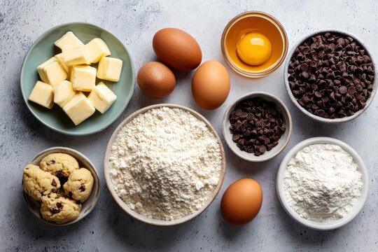 Baking ingredients neatly arranged butter eggs flour chocolate chips and cookies - Powered by Adobe