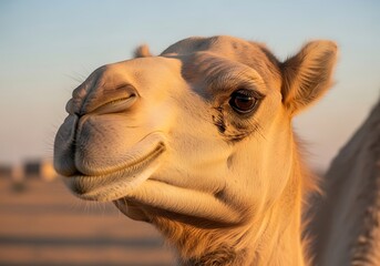 Obraz premium Close-up of a camel's head, showcasing soft, warm tones and a gentle expression, bathed in the soft light of the desert sunrise.