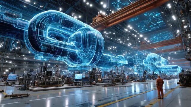 Industrial Blueprint: A futuristic factory scene showcasing a luminous blueprint of a chain, seamlessly blending innovation with the tangible world.