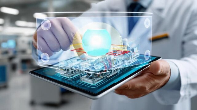 Digital World in Hand: A scientist uses a modern tablet device to inspect an illuminated hologram of a product, blurring the lines between the tangible and the digital.