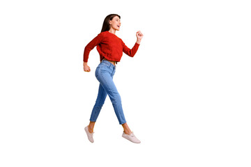 Full body profile side photo of positive cheerful girl jump run hurry go after discounts feel content on autumn weekends wear good looking outfit isolated over bright color background