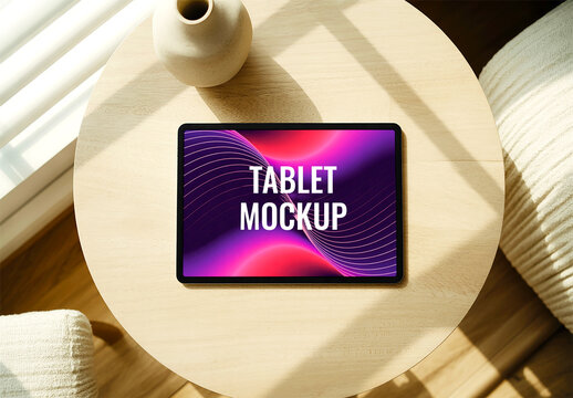 Top View Tablet Mockup on Wooden Side Table