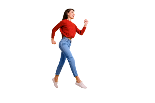 Full body profile side photo of positive cheerful girl jump run hurry go after discounts feel content on autumn weekends wear good looking outfit isolated over bright color background