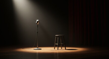 The Stage Is Set Spotlight on Mic and Stool Waiting for the Show.