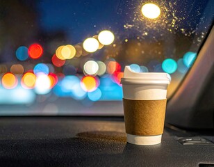 Night drive, coffee cup, city lights blurred