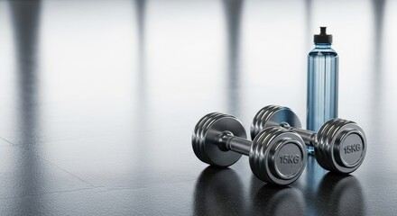 Pair of dumbbell with water bottle on gym floor. Fitness equipment on training room for body workout. Sport and healthy lifestyle concept.