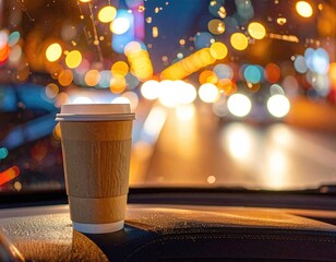 Cardboard coffee cup on car dashboard at night, city lights blurred in background
