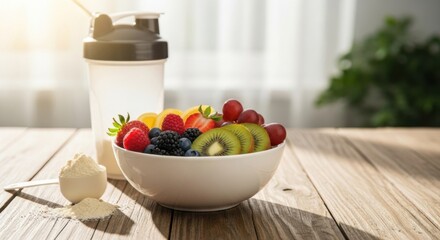 Protein shaker bottle, scoop with powder, and fruit bowl on wooden table. Healthy eating for fitness and sport.