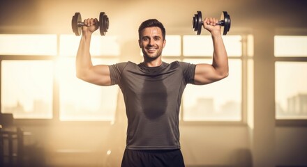 Man doing dumbbell shoulder press exercise. Strong bodybuilder training in gym. Sport and fitness concept.