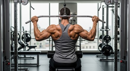 Man training back muscles on cable machine. Athletic bodybuilder doing pull down exercise in gym. Fitness training for strength.