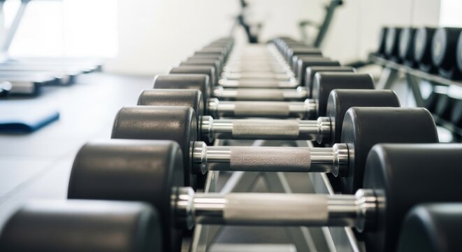 Row of heavy dumbbell on rack. Fitness equipment for weight training in gymnasium. Metal health club for workout.